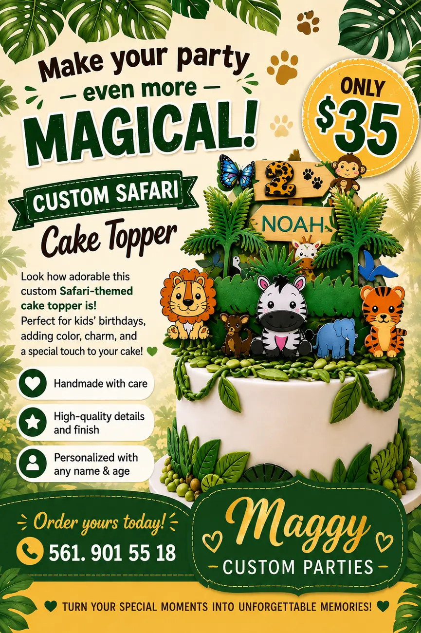 Custom Safari cake topper with jungle animals, personalized name and age